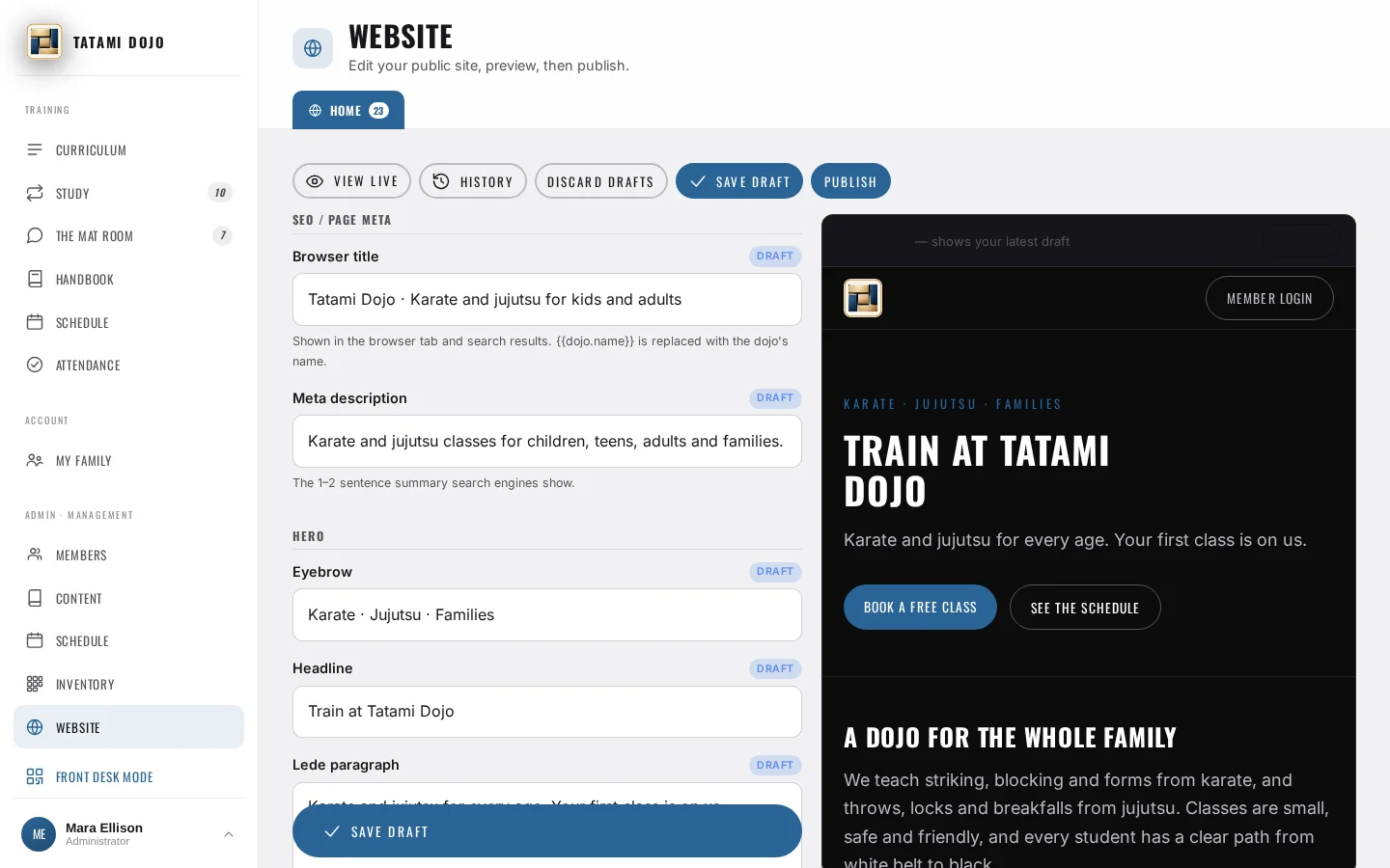 The website editor in Tatami Dojo: page fields on the left, a live preview of the draft on the right.