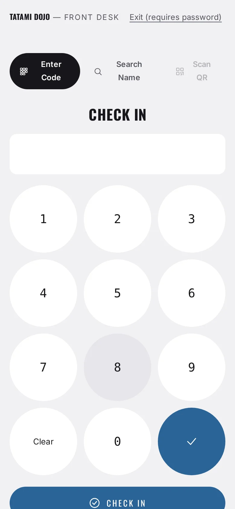 Front desk check-in at Tatami Dojo on a phone: a keypad for a student’s check-in code.
