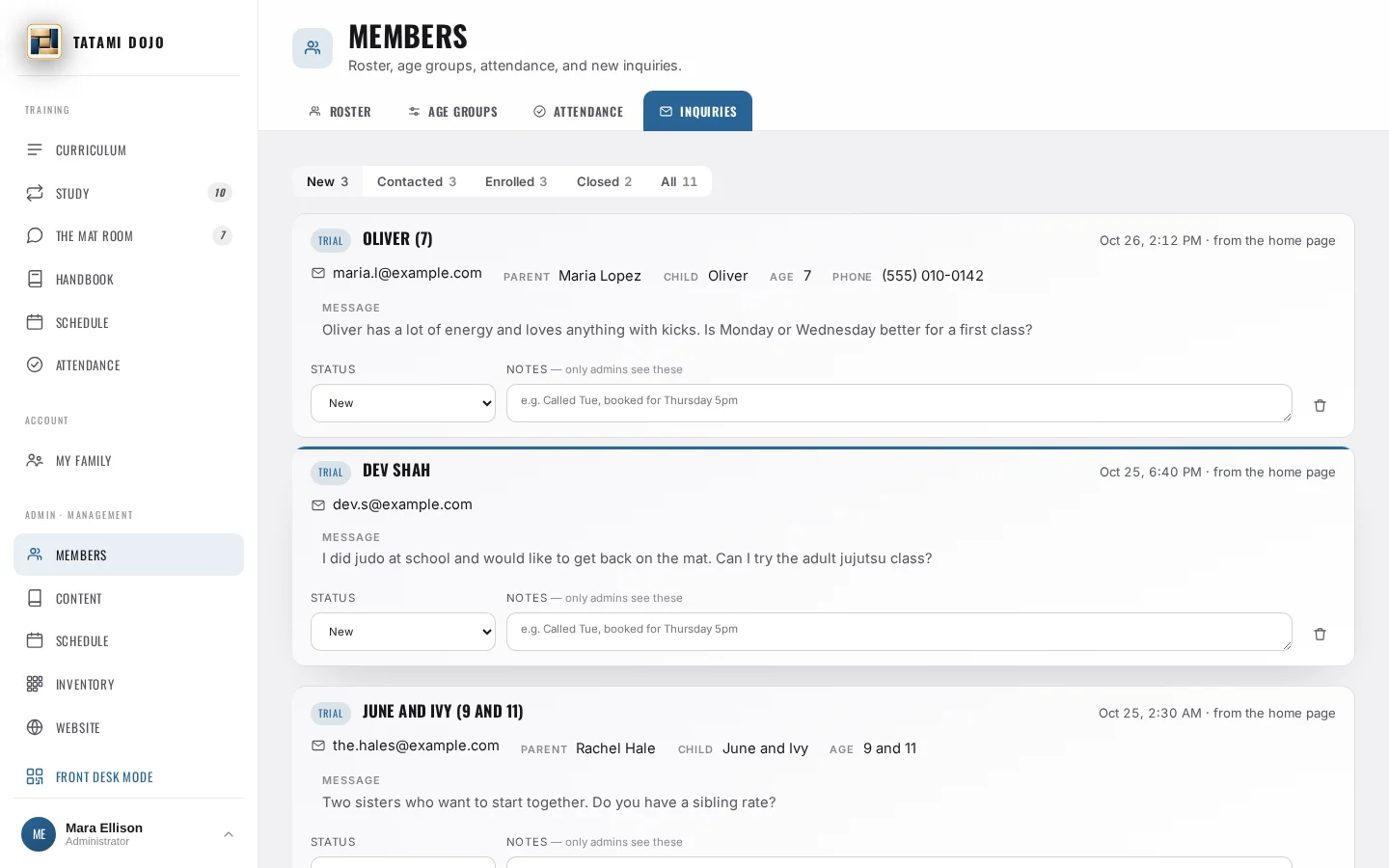 Lead inbox in Tatami Dojo. Every website request lands here, with its status and your notes.