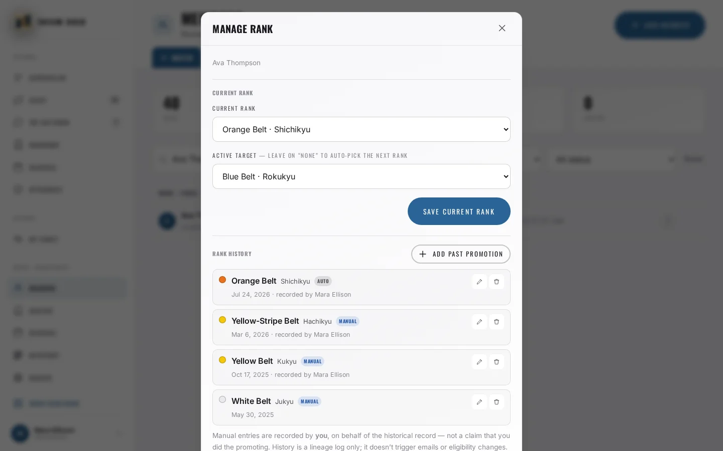 Manage rank in Tatami Dojo: a student’s current rank, target and rank history.