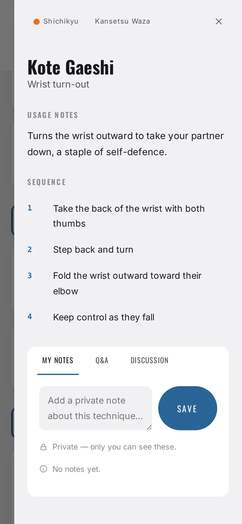 One technique opened on a phone: its usage notes and the steps in order.