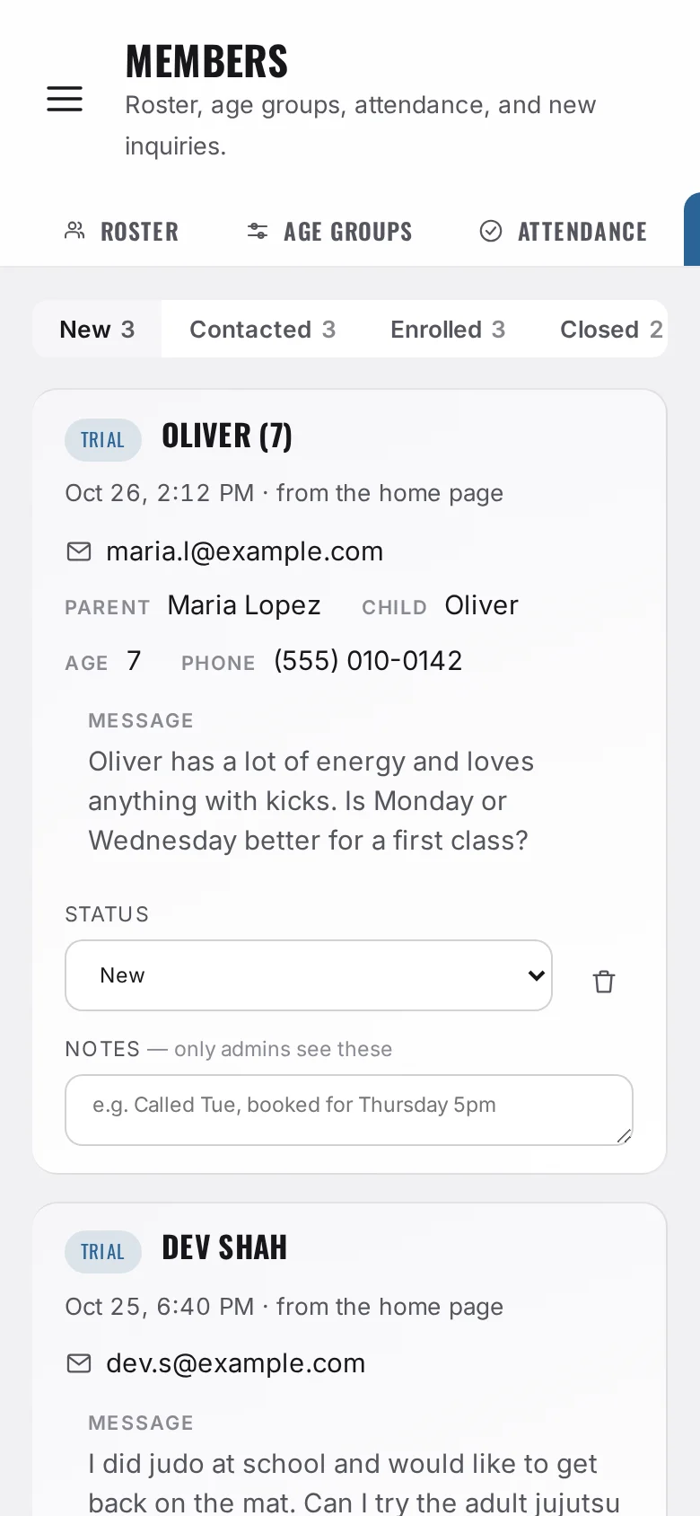 A new trial request from a parent in the inquiries inbox, on a phone: the child, age, phone and message.