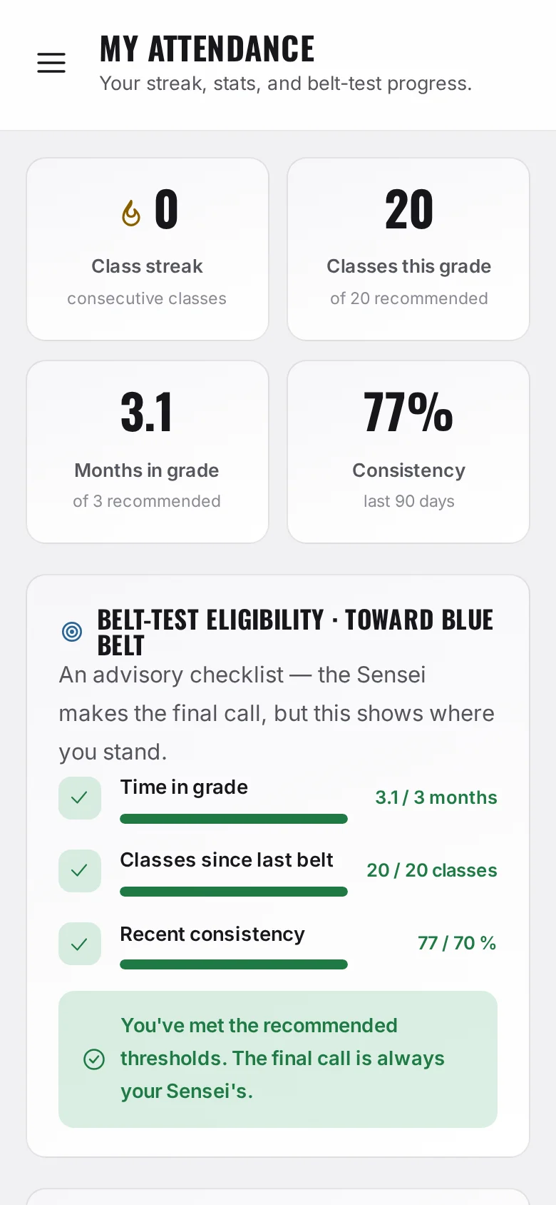 A student’s own attendance on a phone: streak, classes this grade, months in grade, consistency and the belt-test checklist.