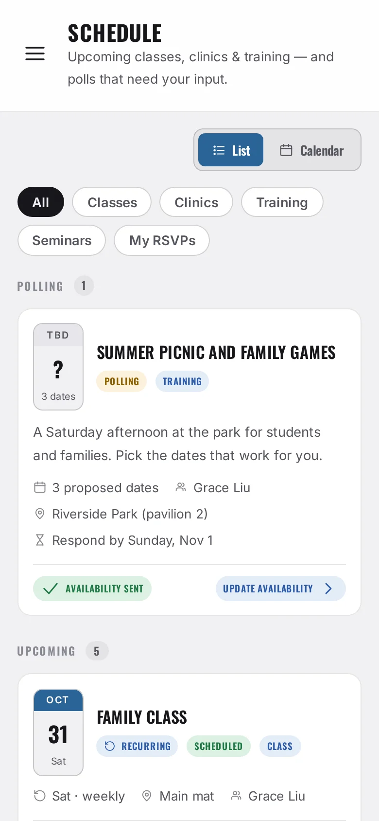 The schedule on a phone, with a “find a date” poll open for a family picnic.