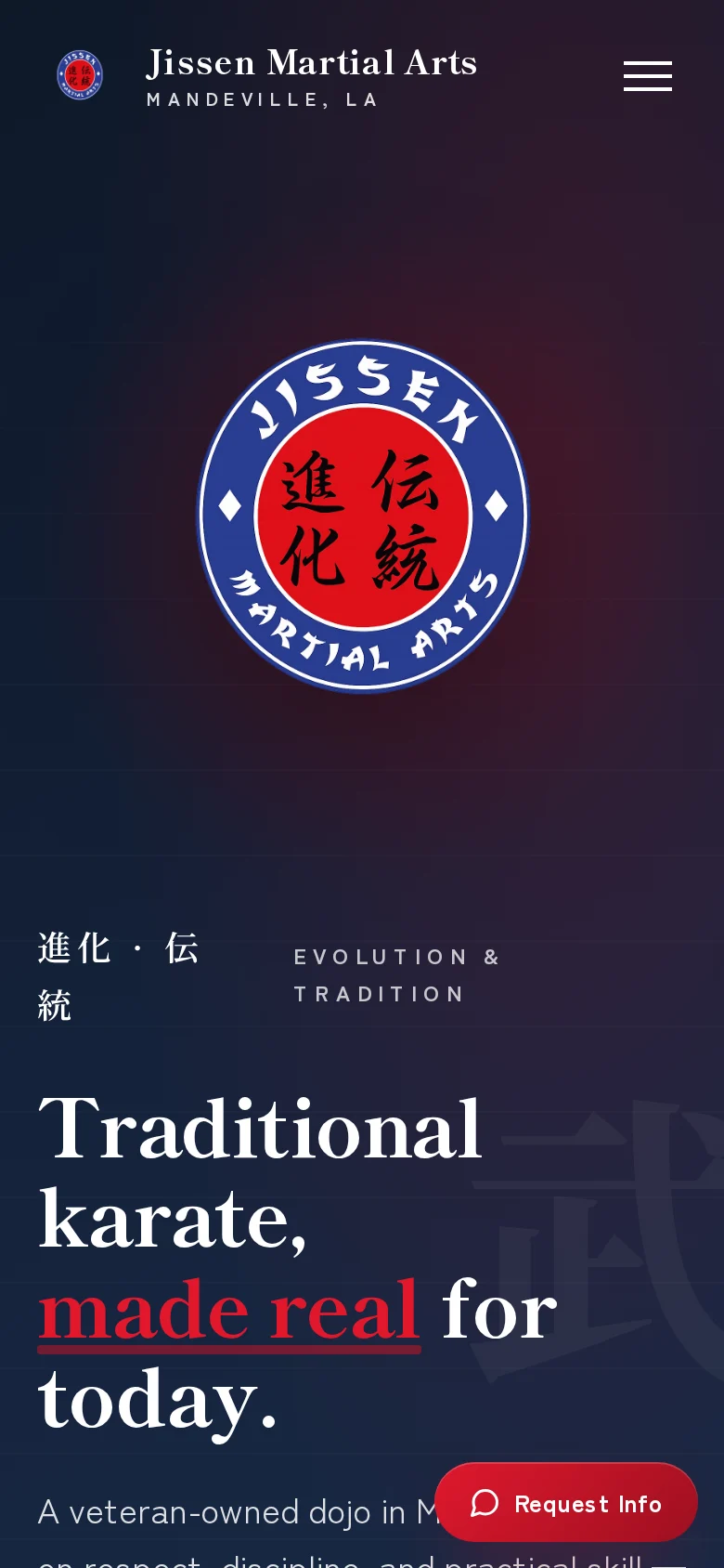 The home page of jissenma.com on a phone: “Traditional karate, made real for today.” beside the Jissen crest.