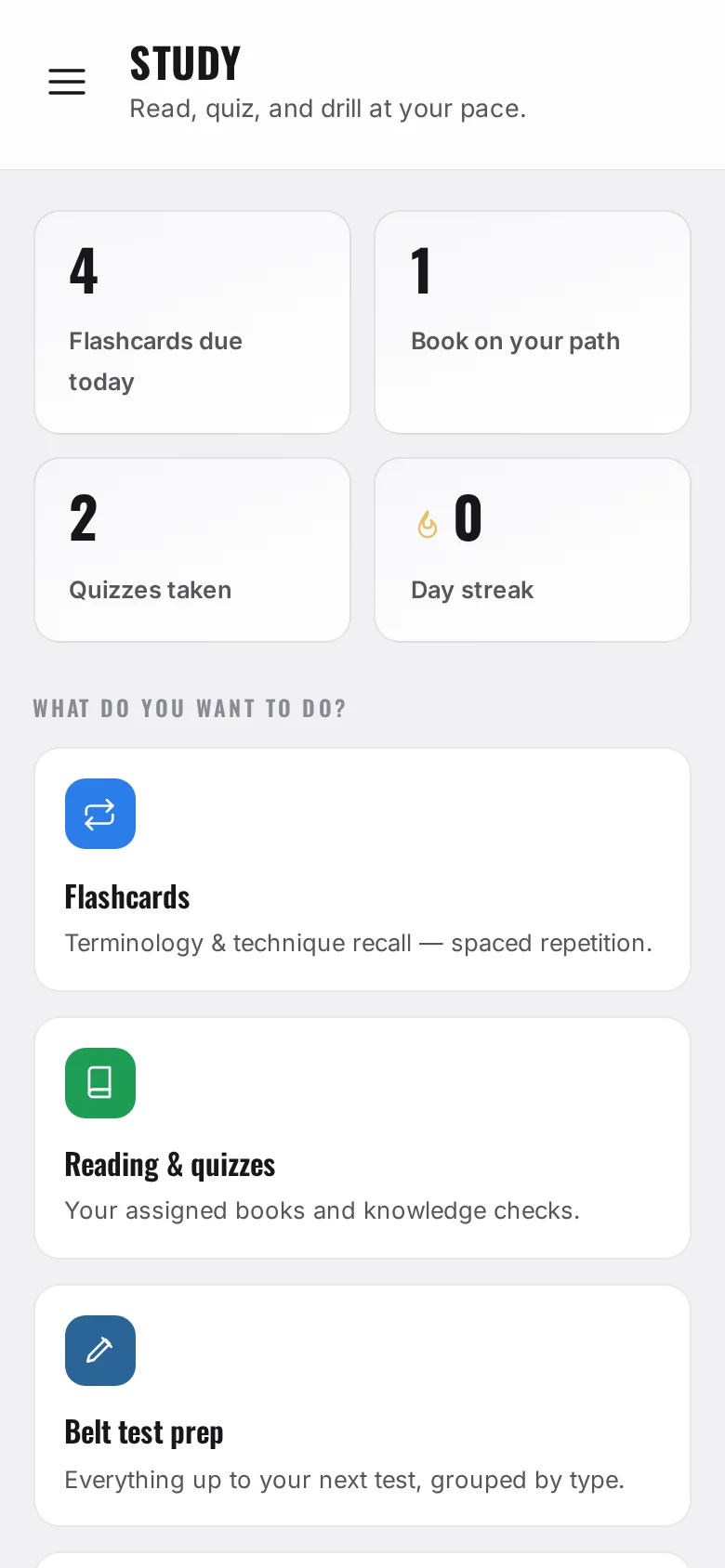 Study on a phone: flashcards due today, the book on the student’s path, quizzes taken and the day streak.