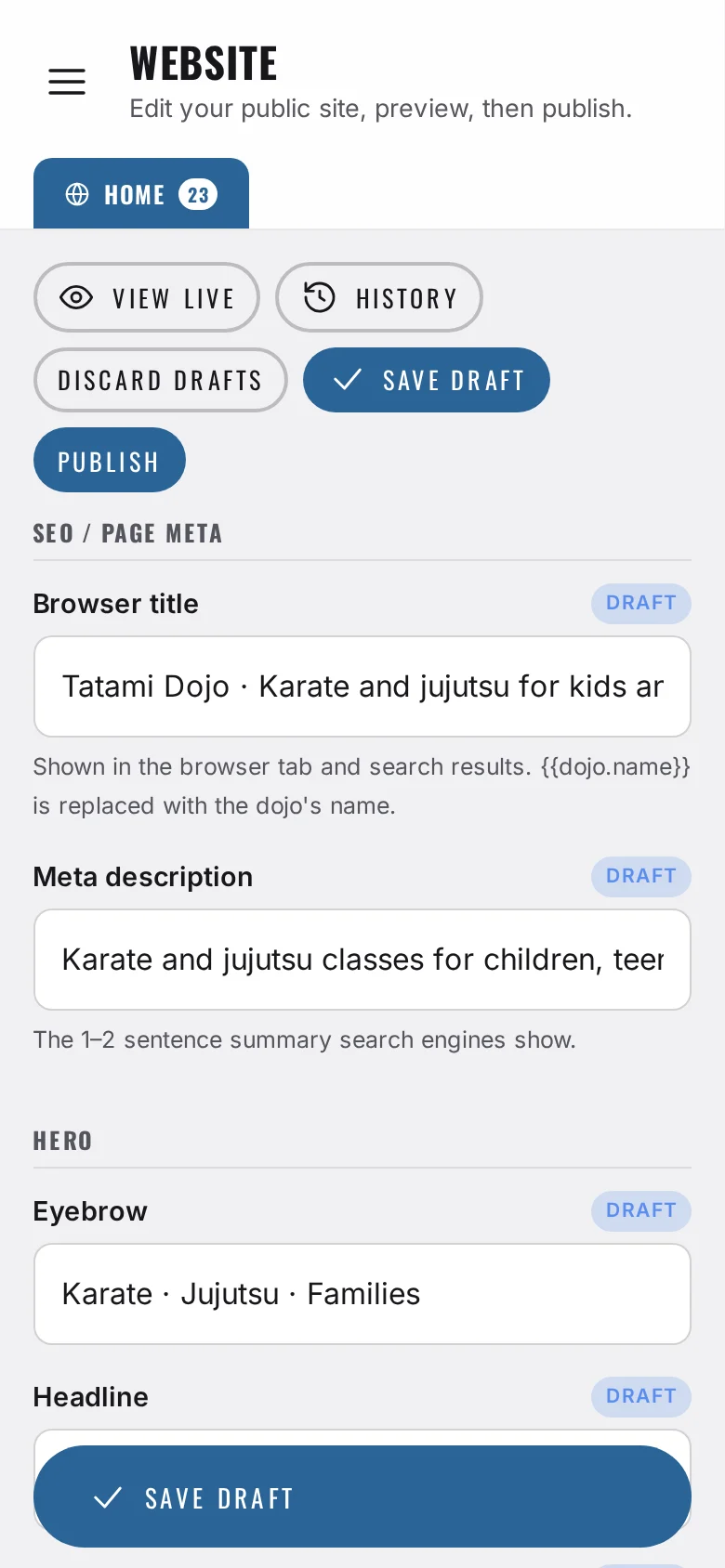 The website editor on a phone.