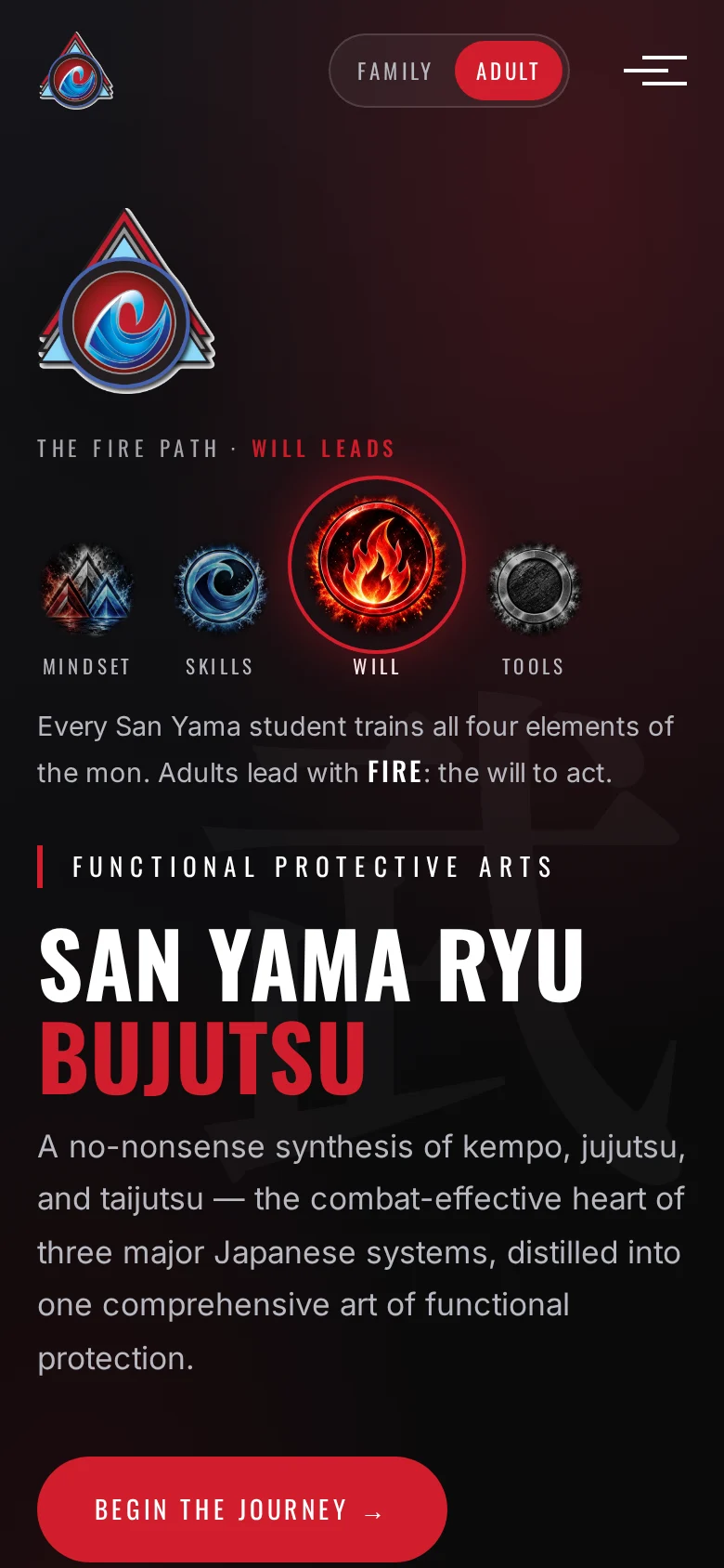 San Yama’s adult path on a phone: San Yama Ryu Bujutsu, in red and black.