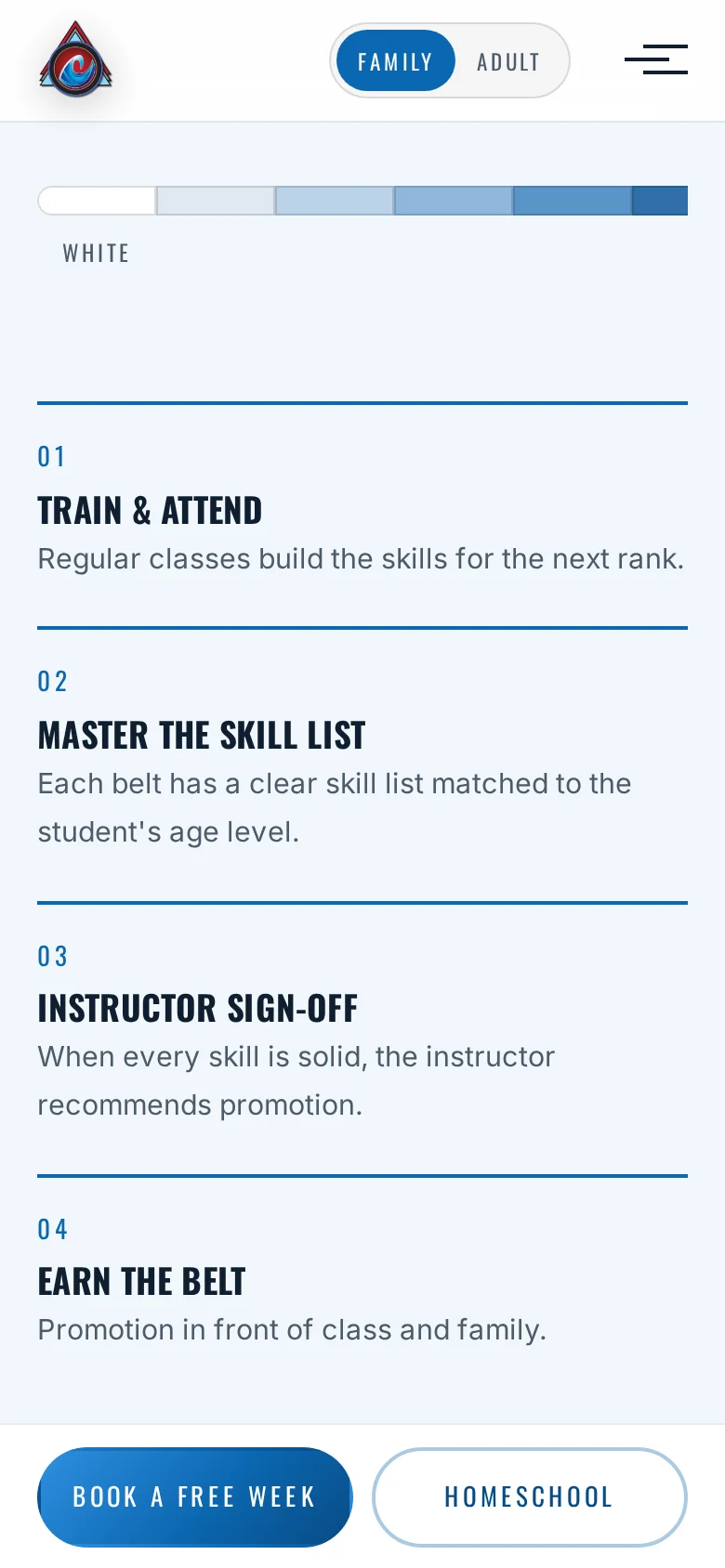 San Yama’s belt path on a phone: train and attend, master the skill list, instructor sign-off, earn the belt.